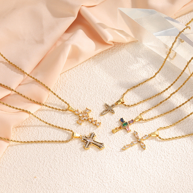 Fashionable All-match New Diamond Cross Stainless Steel Necklace