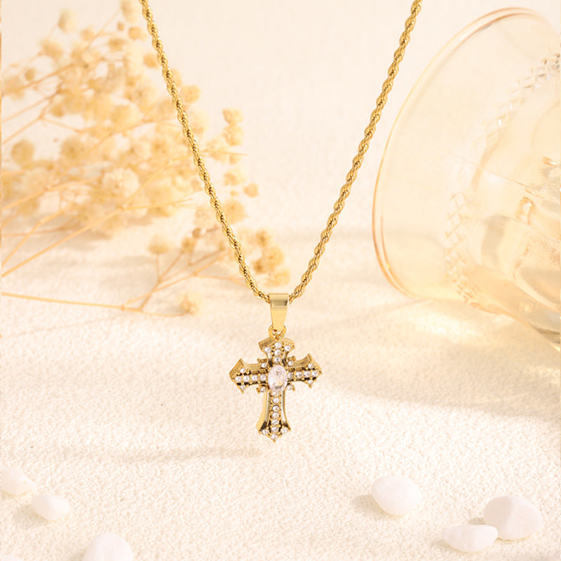 Fashionable All-match New Diamond Cross Stainless Steel Necklace