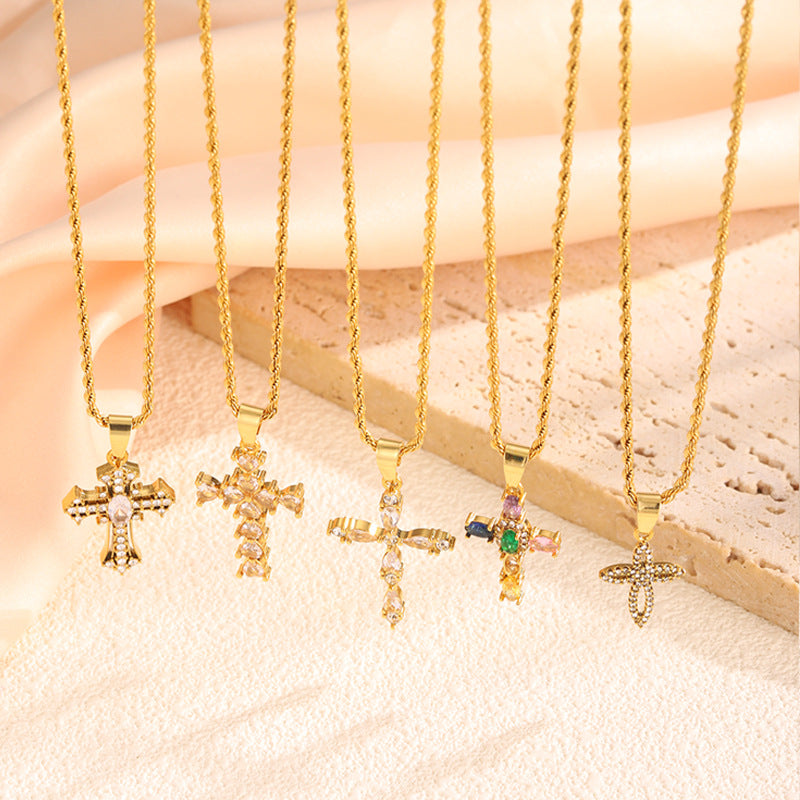 Fashionable All-match New Diamond Cross Stainless Steel Necklace