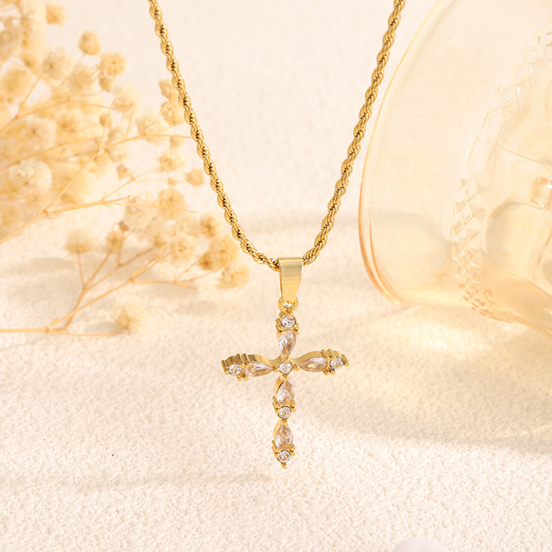 Fashionable All-match New Diamond Cross Stainless Steel Necklace