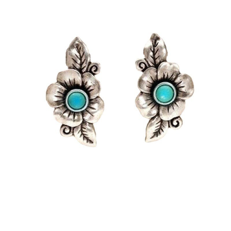 Bohemian Plant Rose Leaf Inlaid Turquoise Earrings