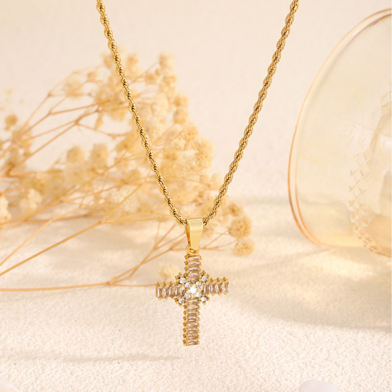 Fashionable All-match New Diamond Cross Stainless Steel Necklace